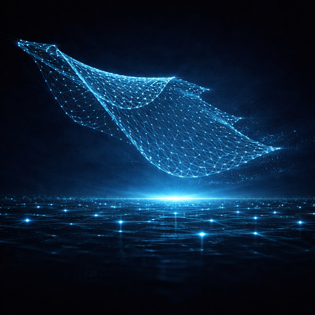 Elegant luminous blue cast net spreading outward in a circular pattern as if mid-throw over a calm dark data ocean