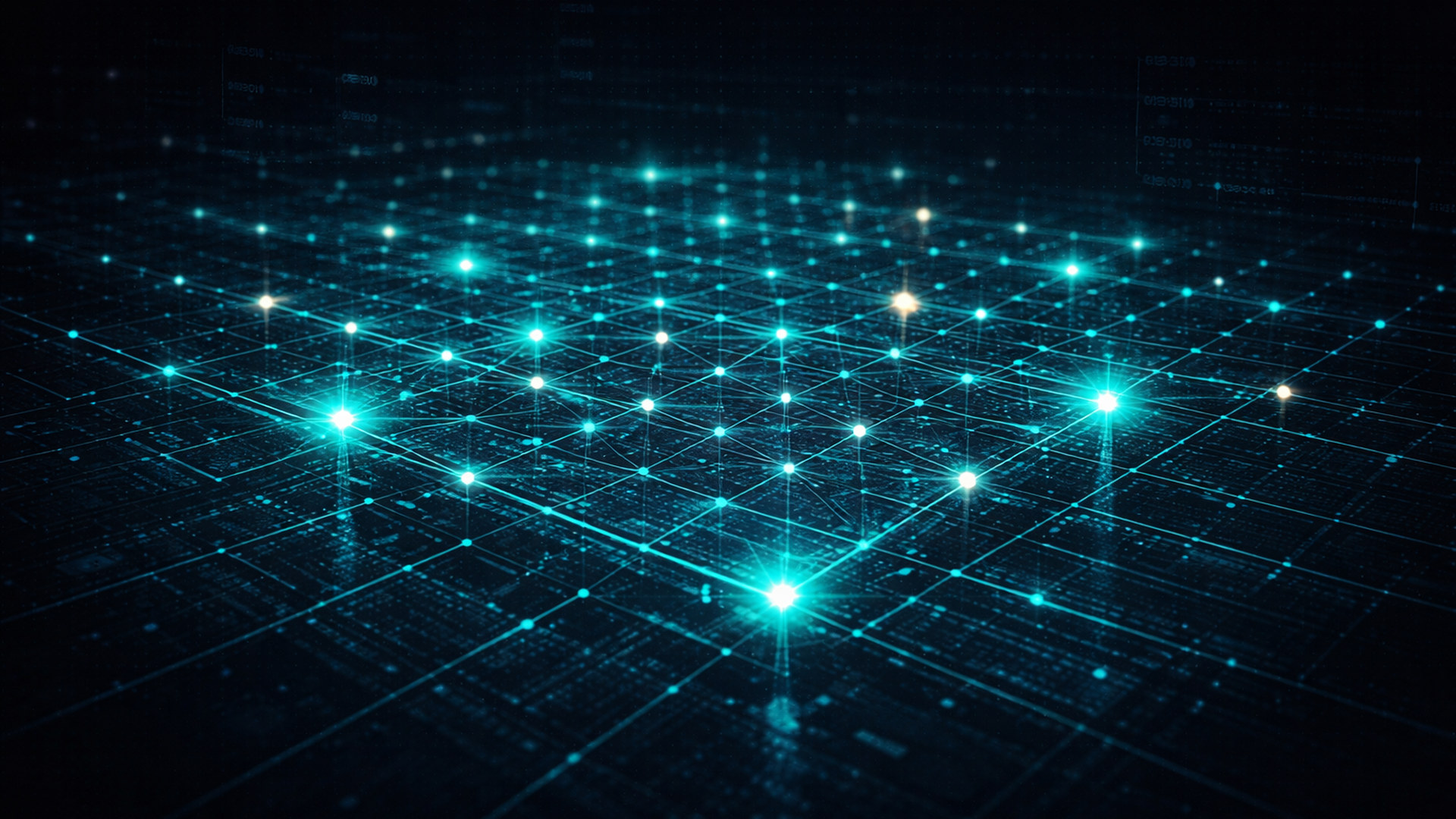 3D grid matrix of teal glowing nodes arranged in a multi-bot swarm pattern with circuit-board aesthetics on a dark background
