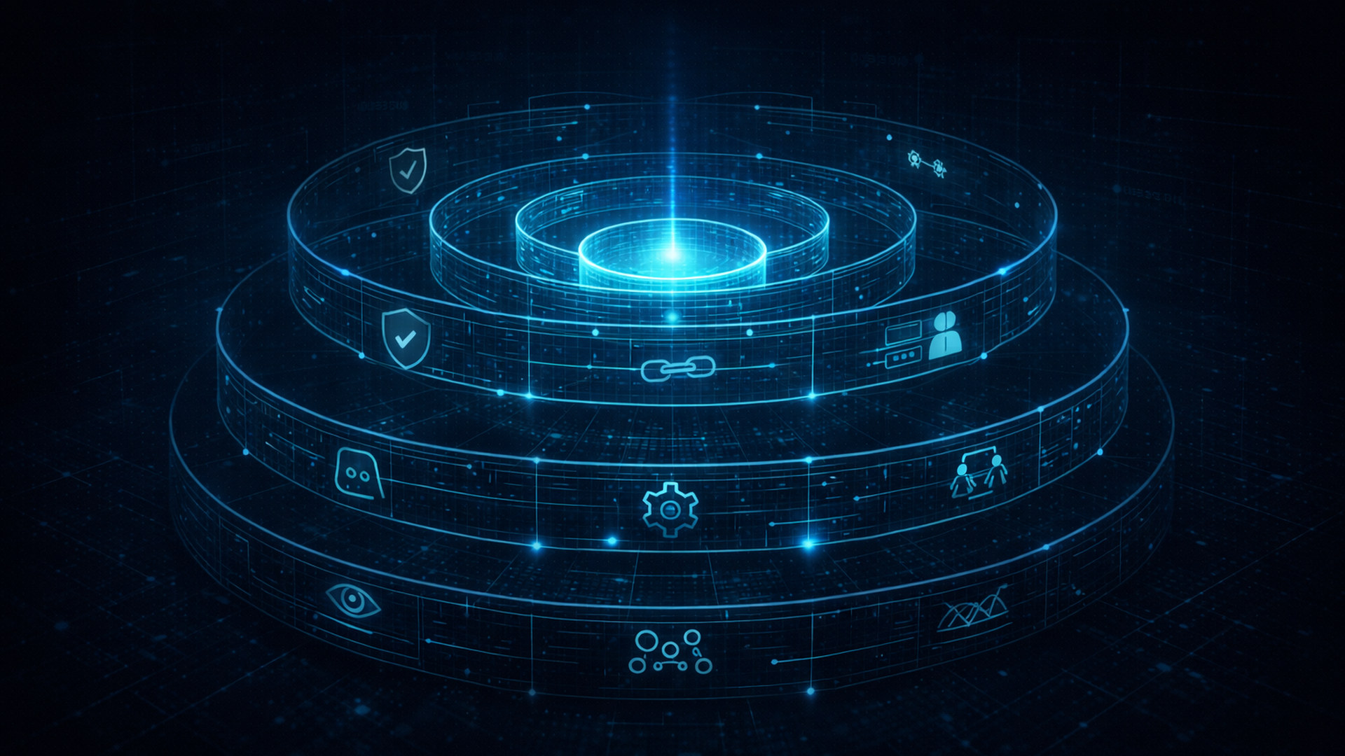 Concentric governance rings forming nested control boundaries around a glowing controlled AI core on a dark navy blueprint grid