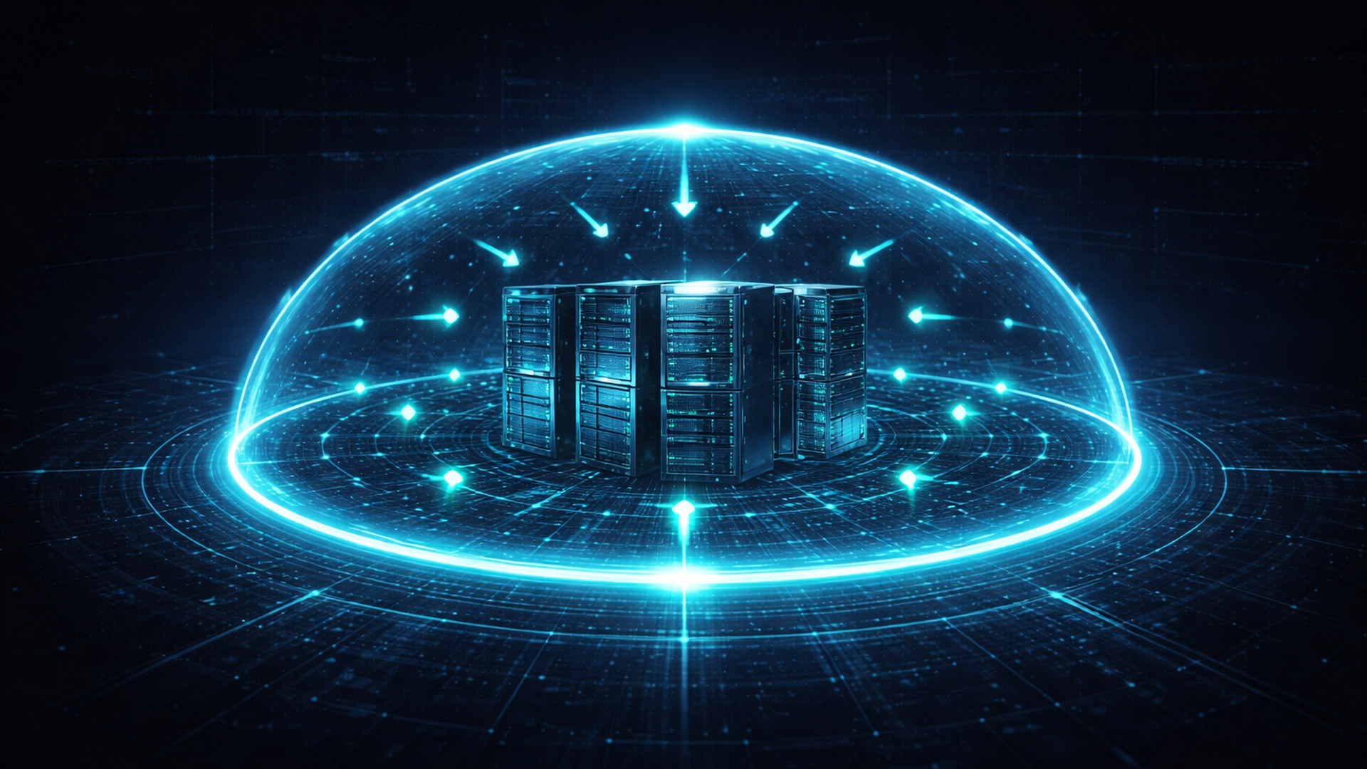Server infrastructure encased in a glowing teal and blue shield boundary with data nodes contained inside and operator arrows pointing inward