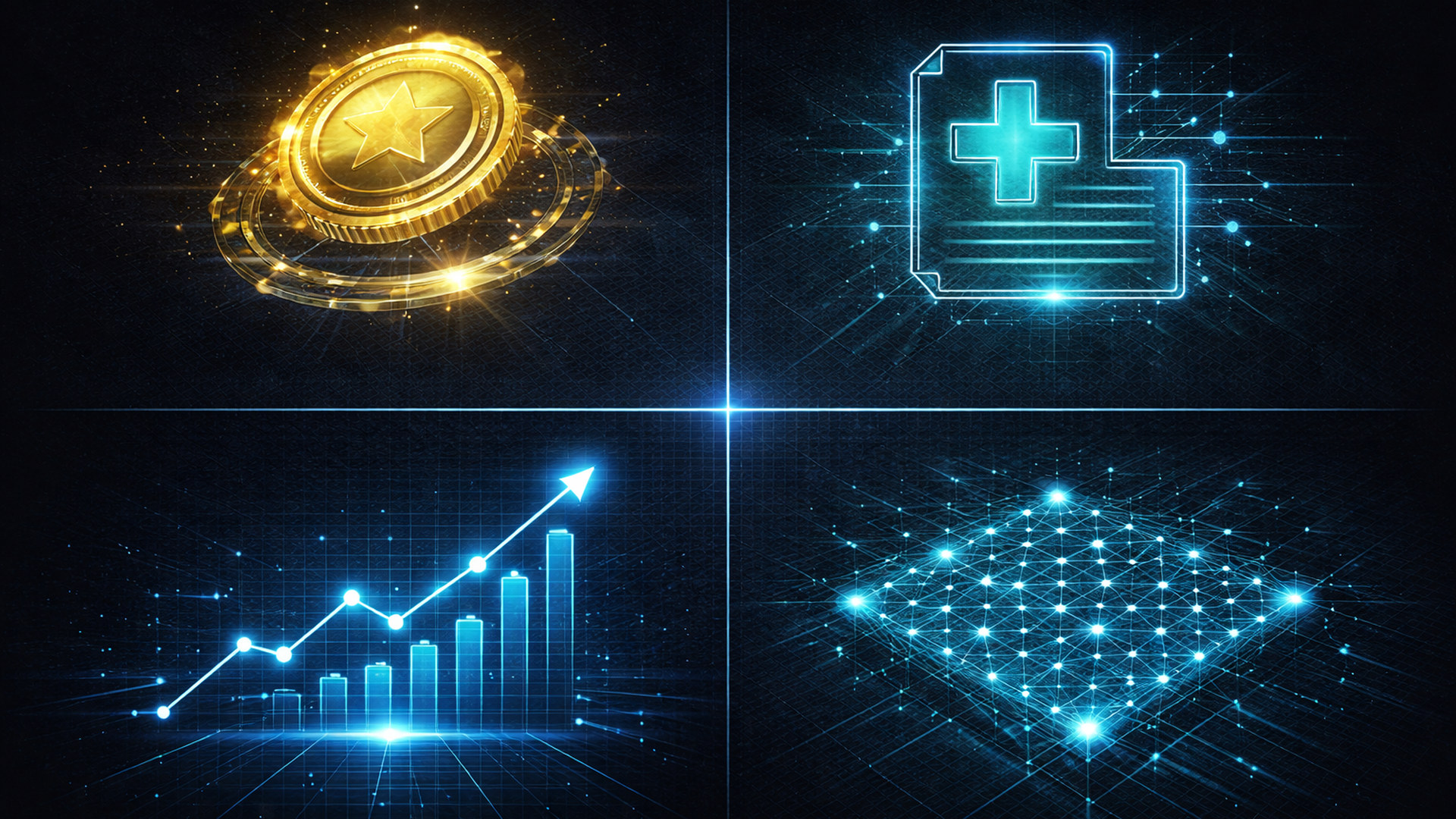 Four quadrant abstract domain icons — coin, medical cross, financial chart, and node grid — glowing on a dark background
