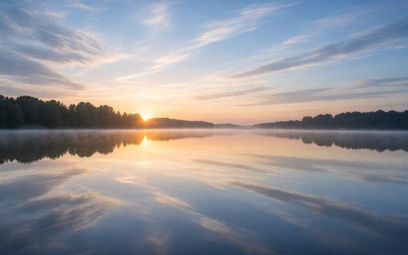 Serene morning sky over a calm lake — representing clarity and calm in healthcare compliance automation